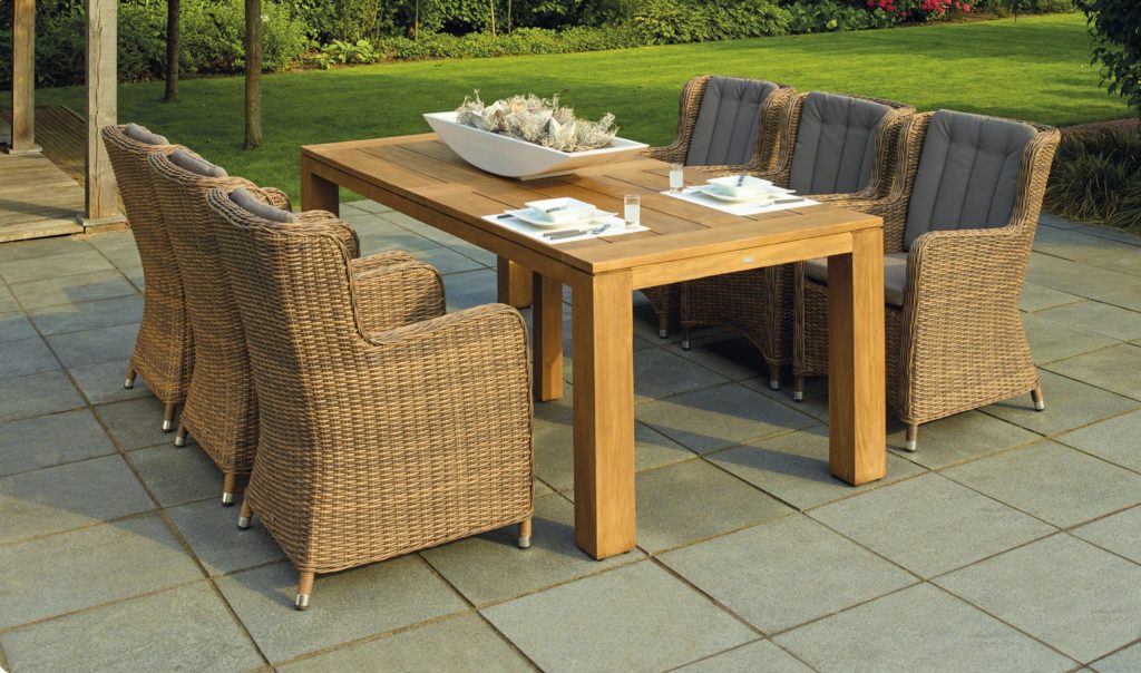 patio furniture, light brown table and six seats for outdoor furniture