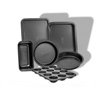 Baking Pan 6 Piece Set Nonstick Carbon Steel Gray Oven Safe PTFE PFOA Free Bakeware Kitchen Set, Cookie Sheet, 2 Round Cake Pans, 12 Cup Cupcake Muffin Pan, Roasting Pan, & Loaf Pan Bake Set by PERLLI