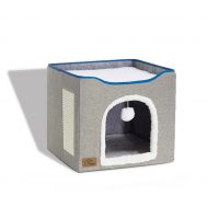 Cat Bed for Indoor Cats -Large Cat Cave with Fluffy Ball Hanging and Scratch Pad, Foldable Cat