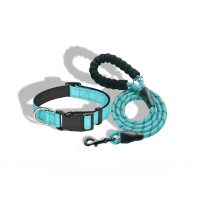 Ladoogo Reflective Dog Collar Padded with Soft Neoprene Breathable Adjustable Nylon Dog Collars for Small Medium Large Dogs (Collar+Leash