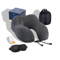 MLVOC Travel Pillow 100% Pure Memory Foam Neck Pillow, Comfortable & Breathable Cover, Machine Washable, Airplane Travel Kit with 3D Contoured Eye